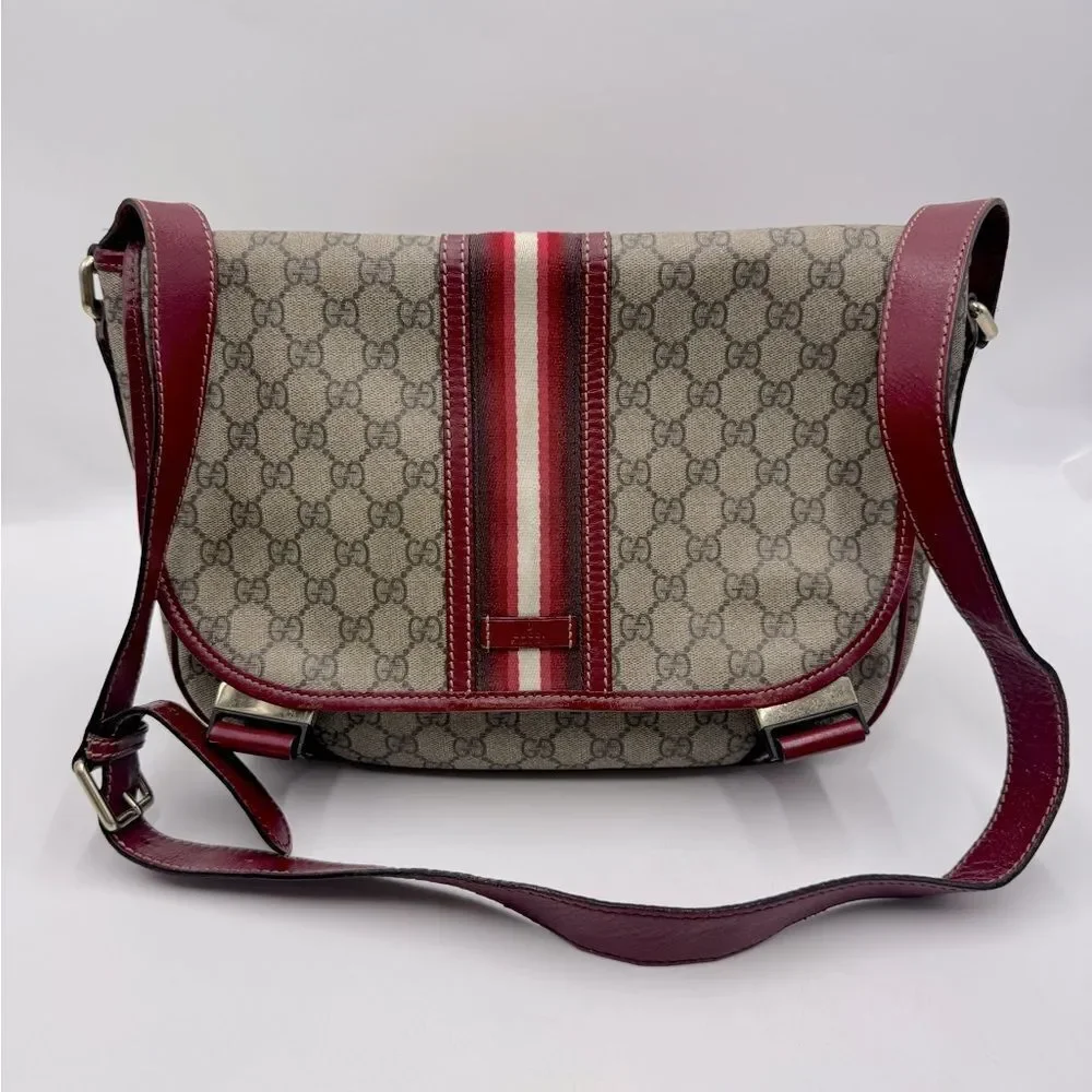 Auth Gucci Brown Supreme PVC Red Leather Trim Messenger Bag Monogram Sherry Line - Picture 3 of 16